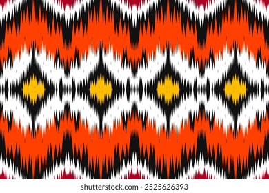 Bold Orange and Black Ikat Diamond Pattern for Vibrant Ethnic Fashion, Home Decor, and Creative Crafts.