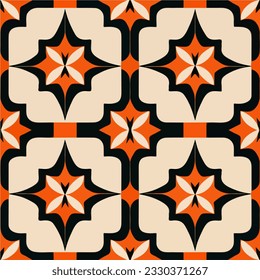 Bold orange and black tones create a visually striking art deco pattern adorned with white stars, exuding an ornate and intricate charm.