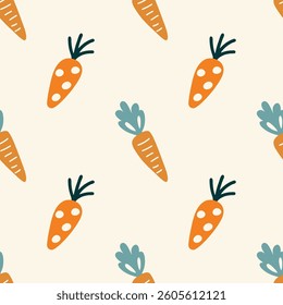 Bold Orange Carrots with Leafy Tops. Seamless pattern background ideal for wrapping paper, fabric, textile etc.