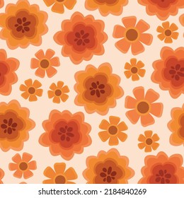 Patrón vectorial sin fisuras floral anaranjado. Flores brillantes, vibrantes, felices, abstractas en una impresión repetida. Ilustración botánica moderna, diseño de patrones de superficie.