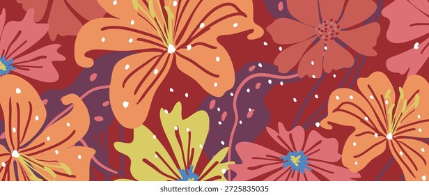 Patrón floral inconsútil del Vector de las flores anaranjadas audaces con el fondo burdeos, acentos azules amarillos, textura floral retro. Diseño fresco del fondo del verano de la primavera para el Fondo de pantalla, tela, envoltura, Web.
