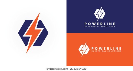 A bold orange lightning bolt bisects a geometric navy hexagon to create a modern symbol of strength and precision that represents reliable electrical services.
