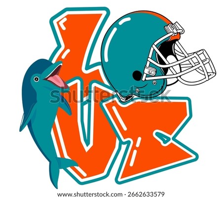 Bold orange LOVE text with helmet as “O”, and playful aqua dolphin beside it. Creative sports design ideal for youth branding and energetic campaigns.	
