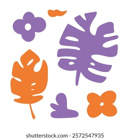 Bold orange and purple tropical leaves in an artistic layout. Eye-catching and vibrant, suitable for creative designs, trendy patterns, and tropical decor.