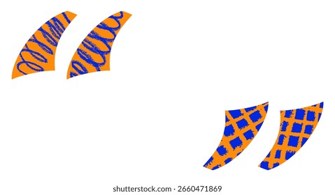 Aspas laranja negrito com texturas azuis divertidas no fundo branco. Ilustração vetorial para designs criativos.