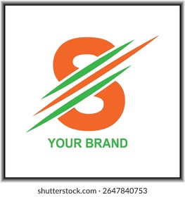 Um "S" laranja negrito é cortado diagonalmente por listras verdes e laranja, simbolizando velocidade e energia. Abaixo dela, "SUA MARCA" aparece em verde, dando uma aparência moderna e profissional.