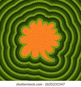 Bold orange speech bubble with jagged edges and tail, centered in green ripple texture.