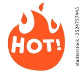 A bold orange symbol displaying flames and the word HOT in white text, indicating heat or spiciness. Ideal for digital graphics, marketing materials, food packaging, culinary presentations, and