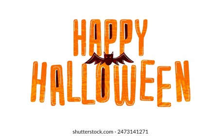 Texto naranja en negrita deletreado Feliz Halloween con un murciélago estilizado en el medio, colocado sobre un fondo transparente. Dibujado artísticamente a mano en formato de Vector. Agradable para la decoración y los diseños de Halloween.