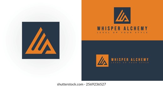 Bold orange triangle and sleek navy square form initials W and A. Perfect for clothing apparel, fashion brands, and menswear logos. Vector-based, easily customizable. Create a strong brand identity