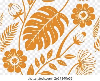 Bold orange tropical leaf and floral vector pattern with abstract botanical elements, perfect for summer designs, fabric prints, wrapping paper, wallpaper, or decorative backgrounds.