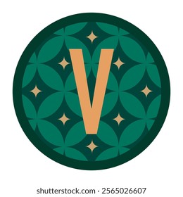 A bold orange V letter on a dark green circle with a floral motif. This design blends modern and classic elements, making it suitable for creative and professional purposes.