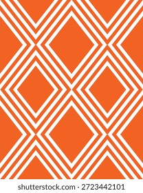 Bold orange and white geometric pattern with repeating diamond lines. Modern, high-contrast design ideal for fashion fabrics, apparel manufacturing, interior design, and contemporary surface patterns.