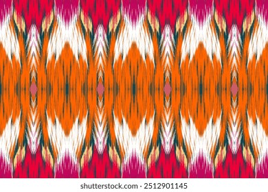 Bold Orange, White, and Red Ikat Design with Dynamic Flame Motifs, Ideal for Vibrant Textile Projects and Ethnic Wall Decor