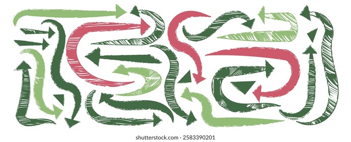 Bold organic curve arrow symbol funky hand-drawn vector design. The graphic incorporates paint, chalk, and grunge textures, abstract scribbles and doodles. Dynamic direction, colorful textured figure