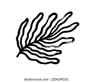 Audaz hoja orgánica en estilo ingenuo. Ilustración de tinta vectorial dibujada a mano con líneas de pincel audaces. Estilo naïve o matisse grandes hojas ásperas. Rama de palmera abstracta dibujada a mano en forma geométrica aislada en blanco.