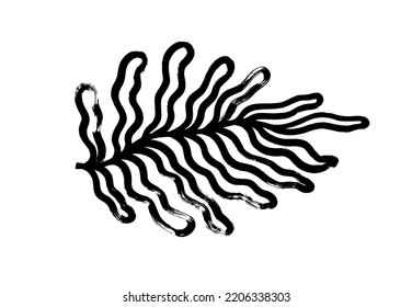 Audaz hoja orgánica en estilo ingenuo. Ilustración de tinta vectorial dibujada a mano con líneas de pincel audaces. Estilo naïve o matisse grandes hojas ásperas. Rama de palmera abstracta dibujada a mano en forma geométrica aislada en blanco.