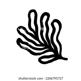 Audaz hoja orgánica en estilo ingenuo. Ilustración de tinta vectorial dibujada a mano con líneas de pincel audaces. Estilo naïve o matisse grandes hojas ásperas. Rama de palmera abstracta dibujada a mano en forma geométrica aislada en blanco.