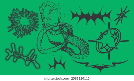 Bold, organic shapes in black create an abstract design on a green backdrop.