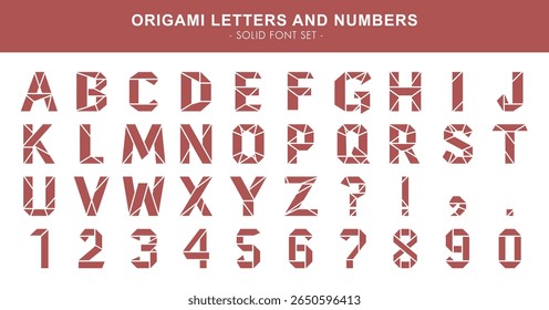 A bold origami-style solid font set featuring uppercase letters A–Z, numbers 0–9, and essential punctuation marks.