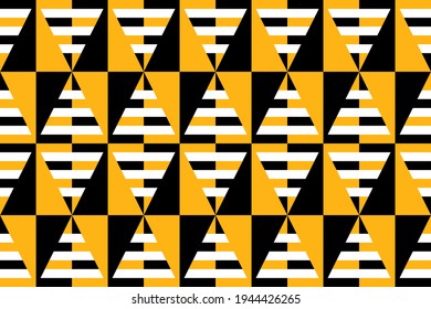 Bold ornamental geometric pattern featuring repeating triangular shapes in black, yellow, and white. Includes striped elements that create a dynamic, optical illusion effect.