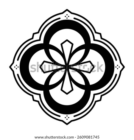 A bold ornamental mandala with thick outlines and clover-like floral shapes. Symmetrical, abstract, and geometric. Delivered in high-res JPG format, ideal for logos, prints, or decorative art assets.
