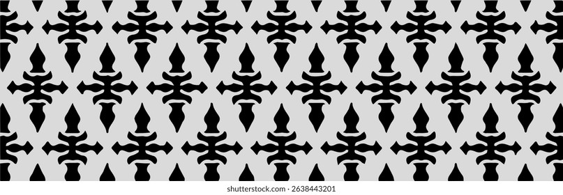 Bold ornamental motifs with classic shapes form a continuous black and white pattern with cultural aesthetics.
