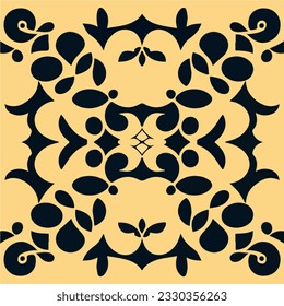 Bold and ornate black and yellow design stands out against a vibrant yellow background. Combining elements of damask and art nouveau patterns, this intricate and geometric composition adds.