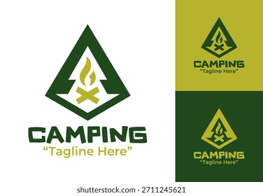 Un atrevido logotipo de camping al aire libre que representa el espíritu aventurero, ideal para marcas de equipo, clubes y comunidades enfocadas en la naturaleza.