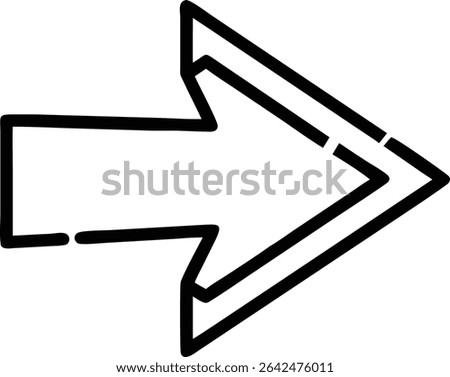 A bold outline of an arrow pointing right, featuring a double border and a slightly broken line style, creating a simple yet effective directional graphic element.