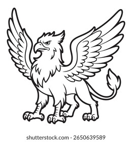 A bold outline drawing of a griffin with its wings spread. The design is simple and striking, ideal for use as a logo or illustration.