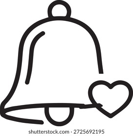 Icono de contorno en negrita de una campana de notificación con un Pequeño detalle de corazón, que simboliza alertas románticas y notificaciones de amor. Estilo plano mínimo.