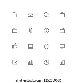 Bold outline icon set - file, envelope, magnifier, briefcase, folder, paper clip, money, wallet, laptop, computer mouse, check mark, graph and diagram symbol. Business and office vector signs.