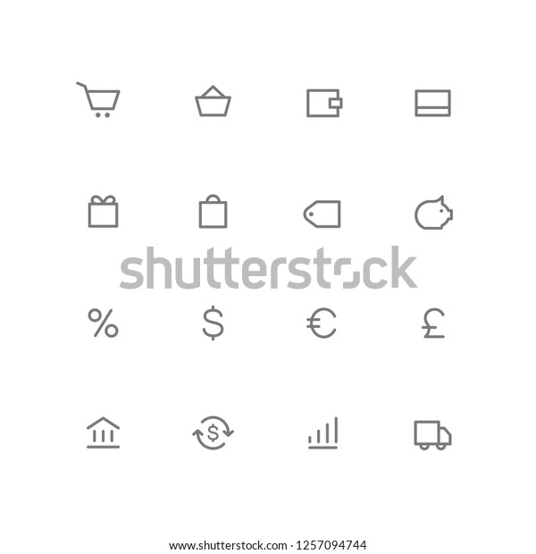 Bold outline icon set - shopping cart, basket,
wallet, credit card, gift, bag, price, coin box, percent, bank,
exchange, graph and car symbol. Finance, stock market, money and
currency vector signs.