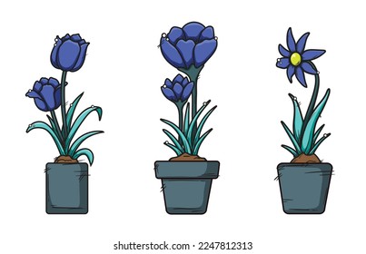 Bold outline purple flower on pot for sticker and decoration