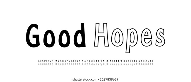 Bold and outline sans serif font. Stylish display typeface with geometric shapes. Includes uppercase, lowercase letters and numbers.