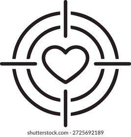 Icono de Vector de contorno audaz de un objetivo con un corazón en el centro, que representa el amor Cliente y las estrategias de orientación emocional.