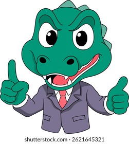 Bold outline vector illustration of a friendly crocodile wearing a suit and giving a thumbs up gesture.