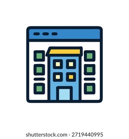 Icono de edificio delineado en negrita dentro de una página web, que muestra un diseño moderno y plano con colores azul, amarillo y verde para ventanas.