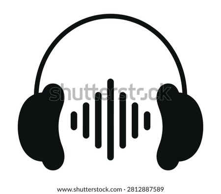 Bold over-ear audio headphones layout hosting central sound wave vibration tracking lines silhouette vector icon. Acoustic bass pulse amplifier monitor device symbol.