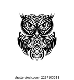 ﻿A bold owl tattoo featuring black and white with Polynesian designs.