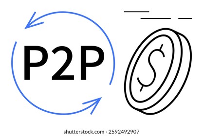 Bold P2P text surrounded by two blue arrows, and a floating coin symbol. Ideal for financial apps, cryptocurrency, digital wallets, fintech platforms, peer-to-peer payment systems, online