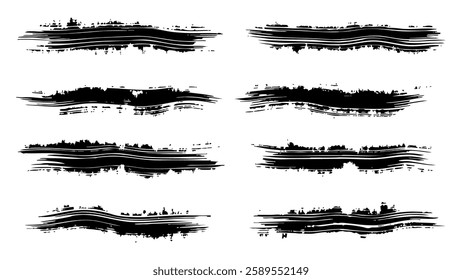 Bold Paint Brush Strokes Set. Hand Drawn Grunge Lines Marker Paint Black Ink Lines. Underline or Highlight Marker Texture. Vector Illustration.