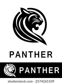 A bold panther logo featuring a sleek, stylized panther head in a modern circular design with smooth black lines