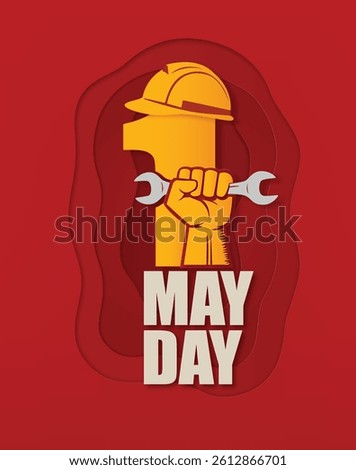 A bold paper cut illustration of a raised fist holding a wrench, shaped into the number 1, with a safety helmet symbolizing strength and unity for International Workers’ Day on May 1.