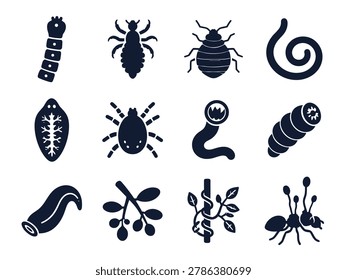 Bold Parasite Icon Set with Tapeworm Louse Bed Bug Tick Hookworm Leech Fluke Mistletoe and Zombie Ant Fungus Symbols