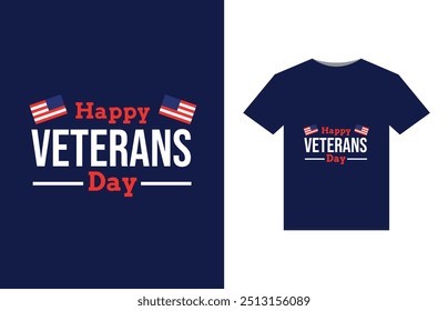 A bold, patriotic design featuring a stylized American flag with stars and stripes. In the center, "Happy Veterans Day" in large, bold letters, with a silhouette of a soldier saluting beneath.