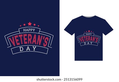 A bold, patriotic design featuring a stylized American flag with stars and stripes. In the center, "Happy Veterans Day" in large, bold letters, with a silhouette of a soldier saluting beneath.