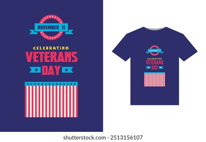 A bold, patriotic design featuring a stylized American flag with stars and stripes. In the center, "Happy Veterans Day" in large, bold letters, with a silhouette of a soldier saluting beneath.