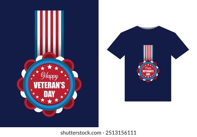 A bold, patriotic design featuring a stylized American flag with stars and stripes. In the center, "Happy Veterans Day" in large, bold letters, with a silhouette of a soldier saluting beneath.